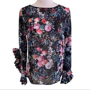 Nicole Miller Floral Pleated Sleeve Blouse S